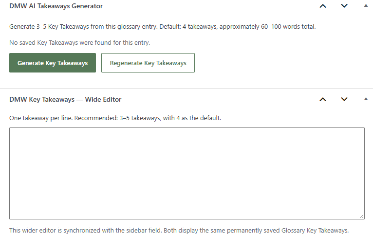 AI-integrated Key Takeaways Generator connected with ChatGPT to create concise content summaries in WordPress with a single click