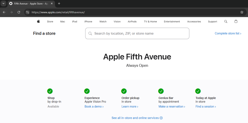 Apple Fifth Avenue store page with pickup Genius Bar Vision Pro and in-store service options