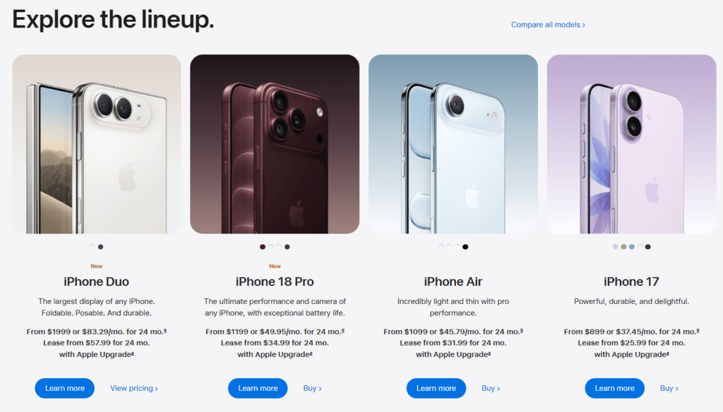 Apple iPhone landing page showing several iPhone models with prices product descriptions and Learn more or Buy buttons