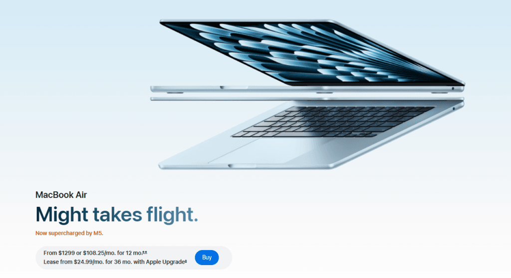 Apple MacBook Air hero section showing product imagery headline pricing details and a Buy button