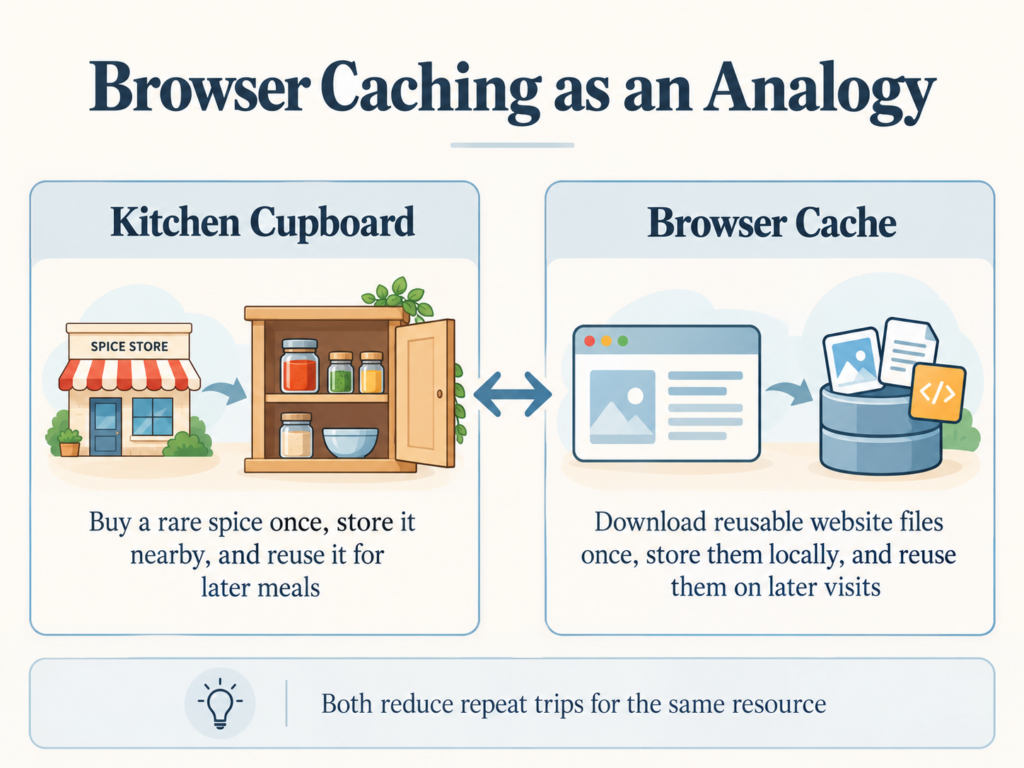 Illustration comparing a kitchen cupboard with browser cache using a double-headed arrow to show how stored resources can be reused on later visits
