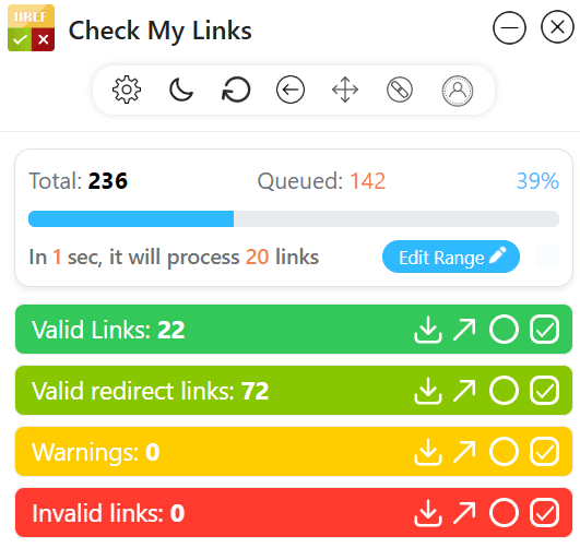 Check My Links scan showing results for valid links, valid redirects, and invalid links