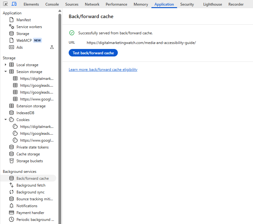 Chrome DevTools Application panel displaying a successful back-forward cache test for a webpage