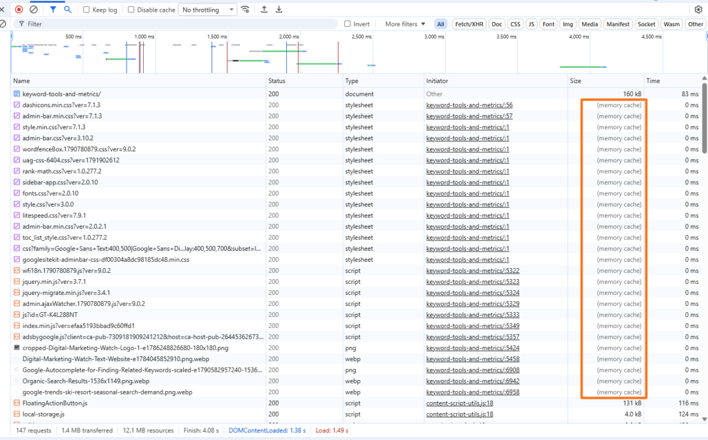 Chrome DevTools Network panel with multiple resources marked as memory cache in the Size column