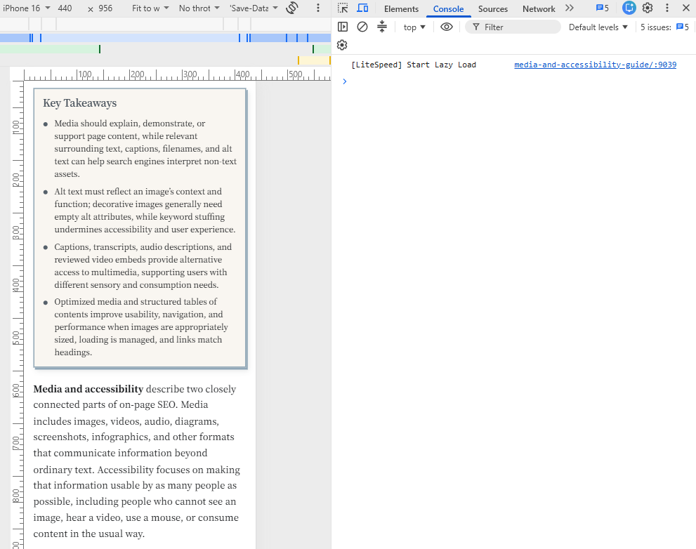 Chrome DevTools Console panel showing a LiteSpeed Start Lazy Load message beside a mobile webpage preview