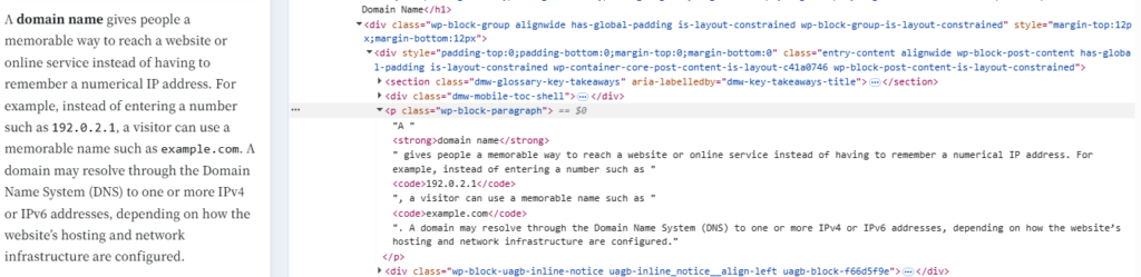 Chrome DevTools Elements panel showing a paragraph node with nested strong and code elements beside the rendered webpage