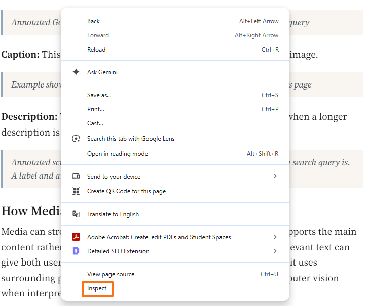 Chrome browser context menu with the Inspect option for opening DevTools and examining webpage elements