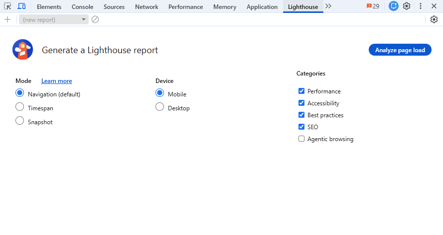Chrome DevTools Lighthouse panel with mobile selected and Performance, Accessibility, Best practices, and SEO audit categories enabled
