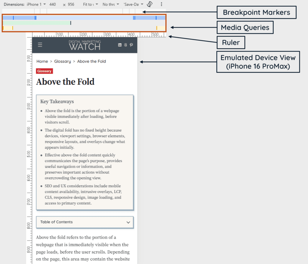 Chrome DevTools responsive mode showing media query breakpoint markers ruler and an emulated iPhone 16 Pro Max viewport