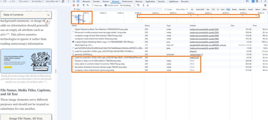 Chrome DevTools Network panel showing image resources loaded early and additional image requests appearing later as the webpage is scrolled, demonstrating lazy loading