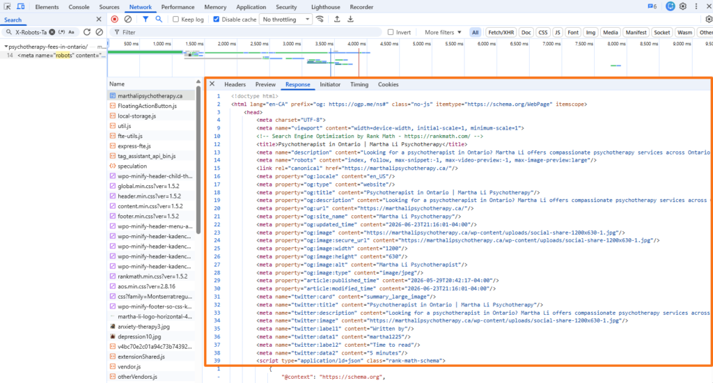 Chrome DevTools Network panel with a selected request and the Headers tab used to check response headers for X-Robots-Tag