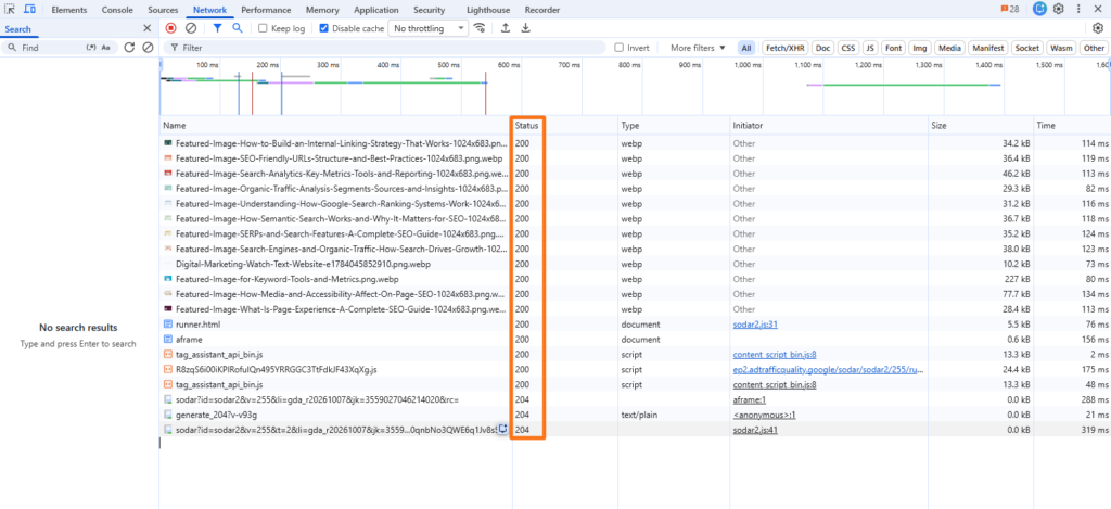 Chrome DevTools Network panel with the Status column highlighted showing HTTP response codes such as 200 and 204