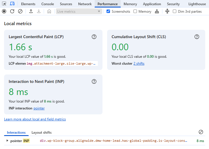 Chrome DevTools Performance panel showing LCP of 1.66 seconds, CLS of 0.00, and INP of 8 milliseconds