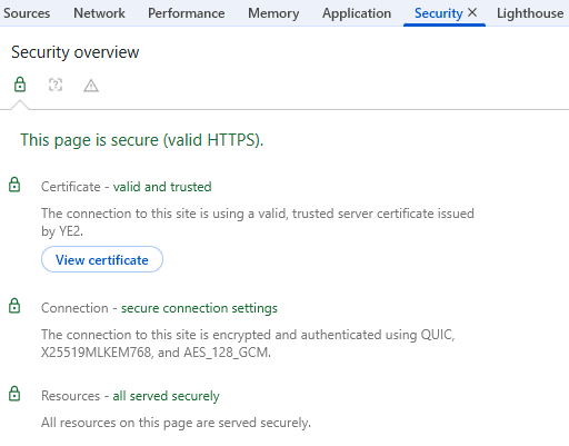 Chrome DevTools Security overview showing valid HTTPS certificate secure connection settings and securely served resources