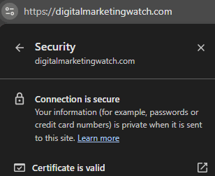 Chrome security panel confirming that digitalmarketingwatch.com uses a secure connection with a valid certificate