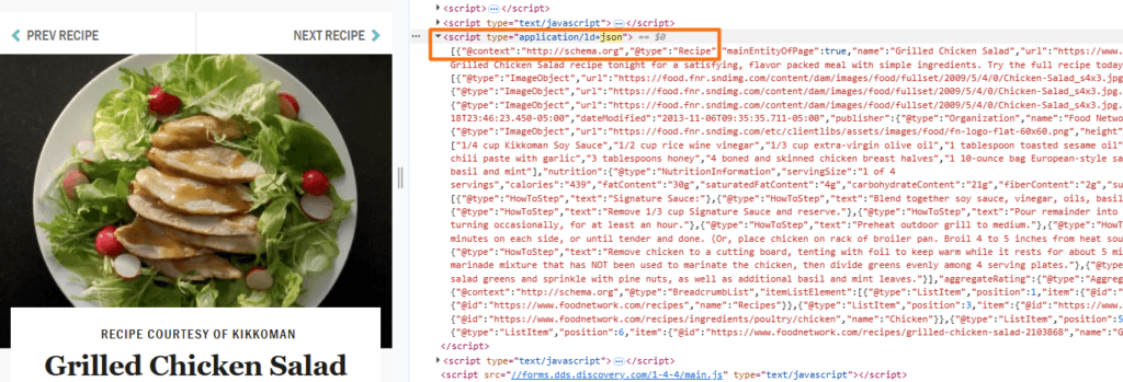 Food Network Grilled Chicken Salad recipe with Recipe JSON-LD structured data visible in Chrome DevTools