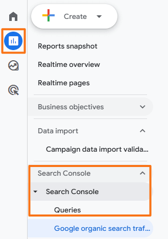 GA4 Reports navigation showing Search Console with Queries and Google organic search traffic reports