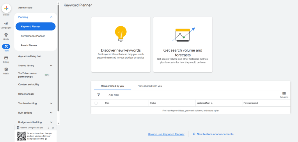 Google Keyword Planner dashboard with Discover new keywords and Get search volume and forecasts options
