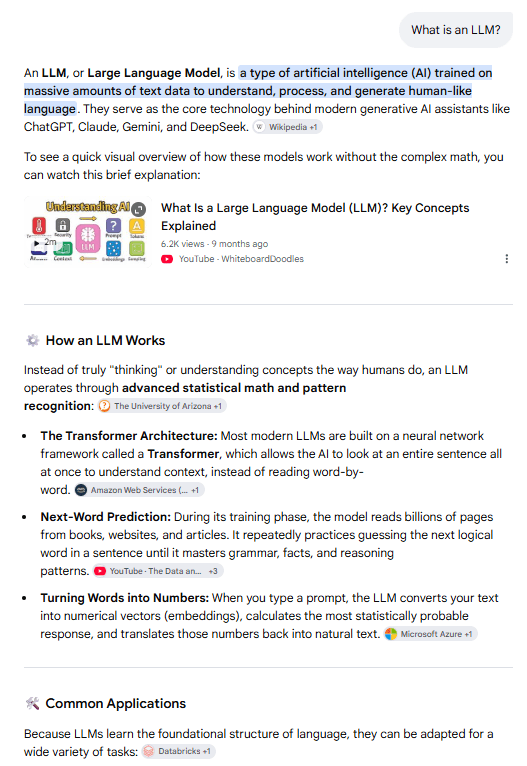 Google AI Mode answer to “What is an LLM?” showing explanations, citations, a video, and related sections