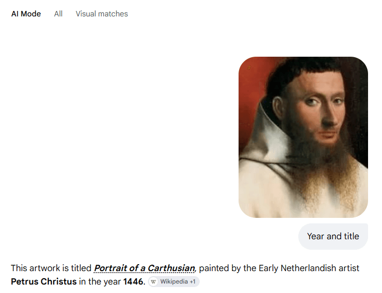 Google AI Mode multimodal search showing an uploaded portrait image with the prompt “Year and title” and an AI-generated identification response