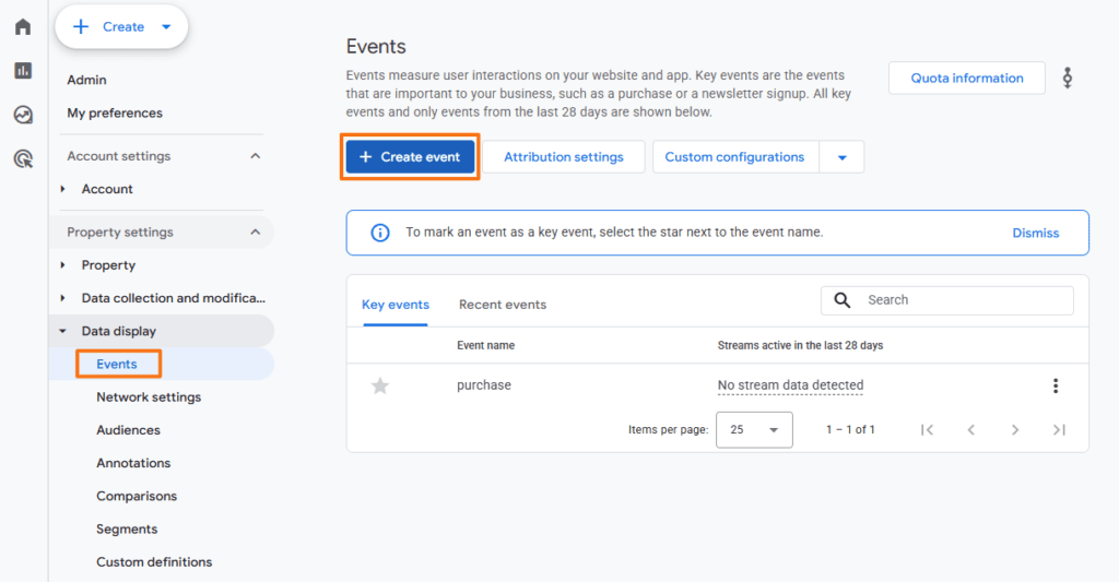 Google Analytics 4 Events settings page with the Create event button highlighted for adding a new event
