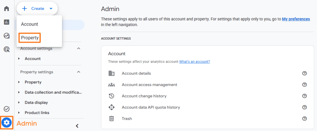 Google Analytics Admin screen with the Create menu open and the Property option 