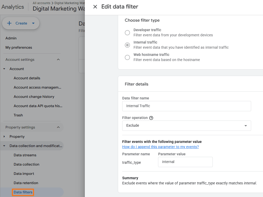 Google Analytics Data Filters screen showing an Internal traffic filter configured to exclude internal traffic 