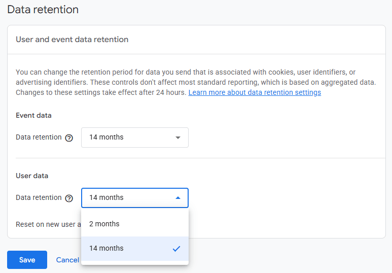 Google Analytics Data retention screen showing 14-month retention for event and user data