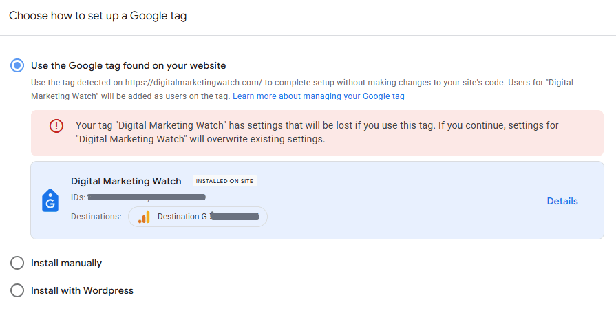Google Analytics Google tag setup screen showing detected tag, manual installation, and WordPress installation options