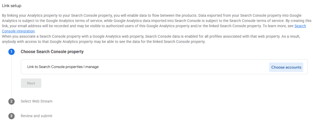 Google Analytics Link setup screen showing steps to choose a Search Console property