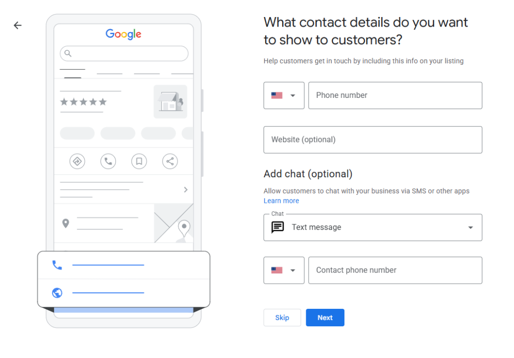 Google Business Profile setup page with fields for phone number, website, and optional text-message chat contact information