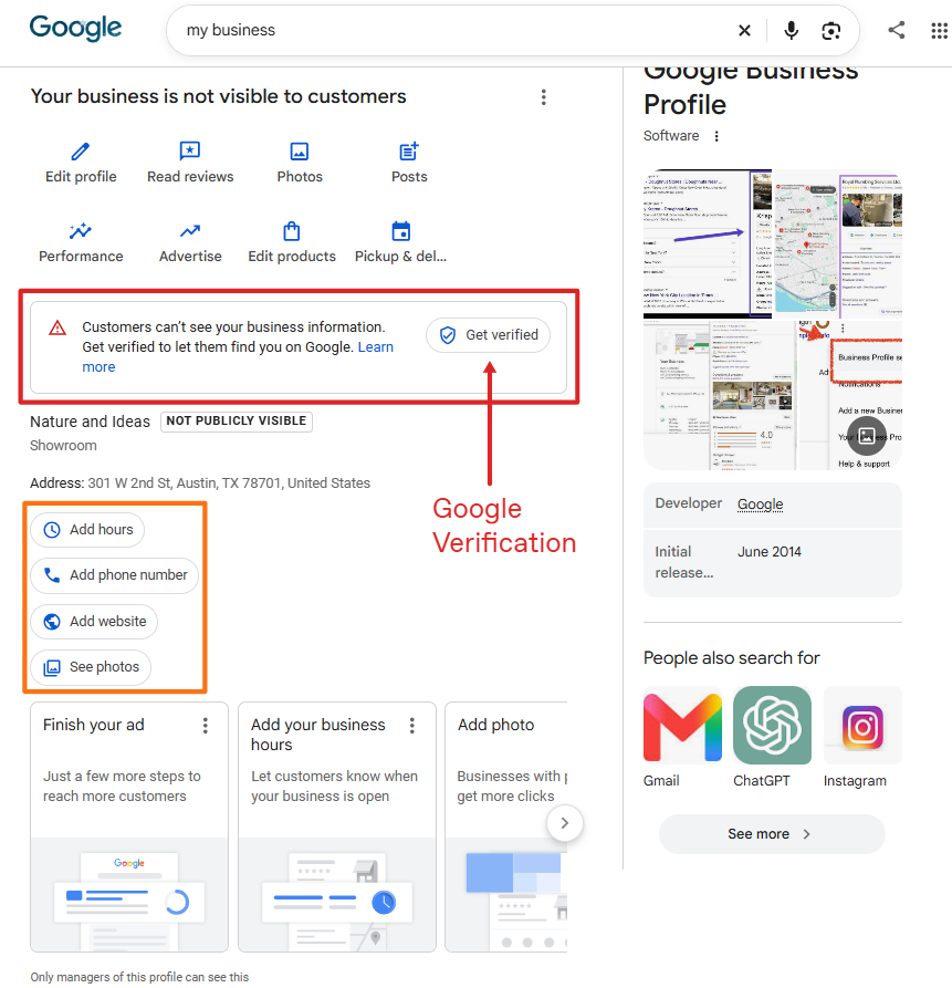 Google Business Profile screen showing the Get verified button 