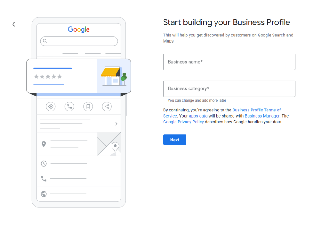 Google Business Profile setup page with fields for business name and business category before continuing to profile creation