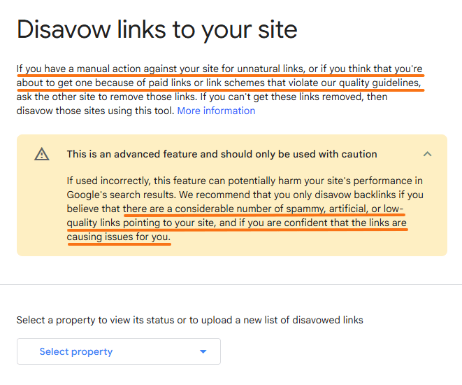 Google Disavow Links tool showing a caution warning about disavowing spammy, artificial, or low-quality backlinks