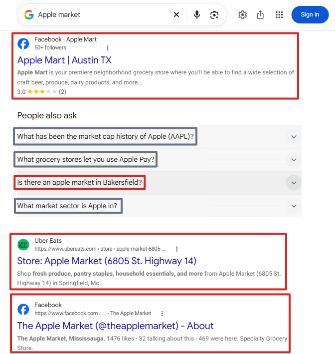 Google search results for Apple market showing grocery-store results and Apple Inc. interpretations to illustrate entity disambiguation