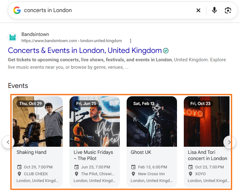 Google Events rich result carousel showing concert listings with dates venues and locations