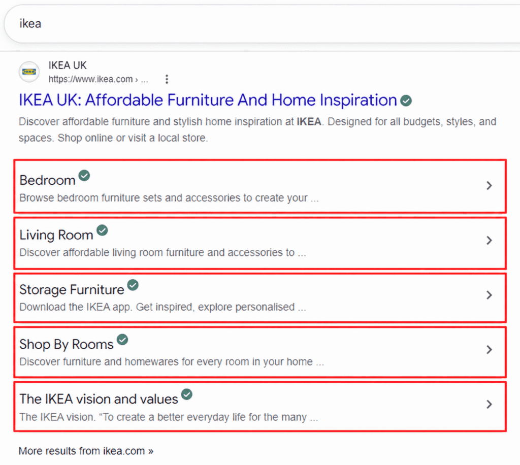 Google search result for IKEA displaying multiple sitelinks beneath the main organic listing