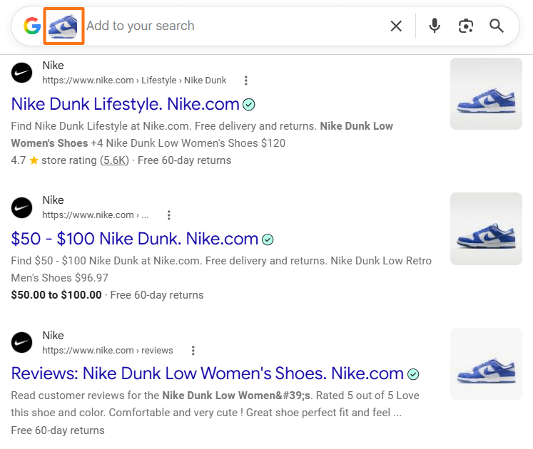 Google image search using a Nike Dunk shoe photo to return matching Nike product and review results