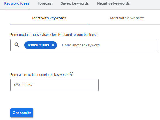 Google Keyword Planner screen with a seed keyword field, optional website filter, and Get results button