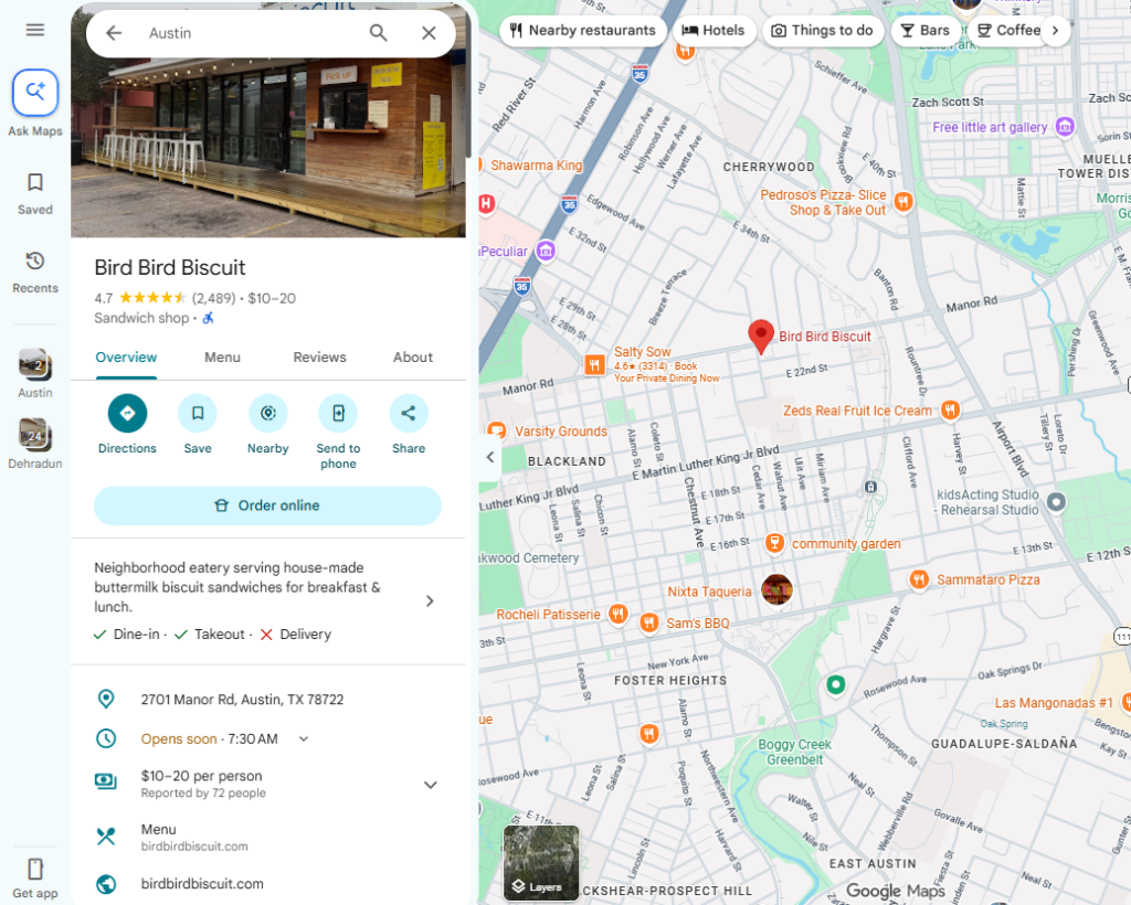 Google Maps business profile for Bird Bird Biscuit showing reviews, business information, location, hours, menu, and website details