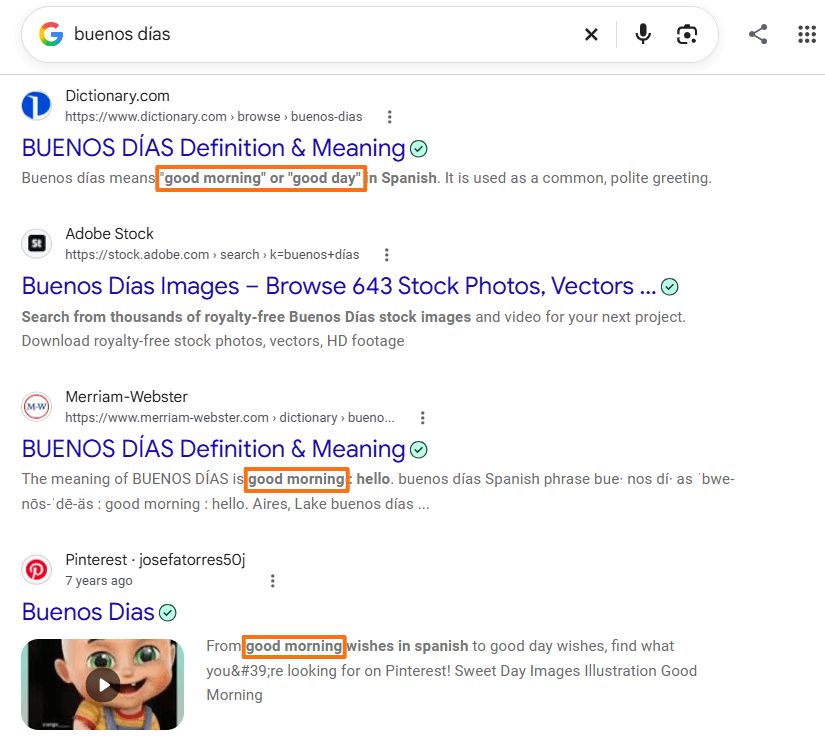 Google search results for buenos días showing English translations including good morning for a multilingual embedding example