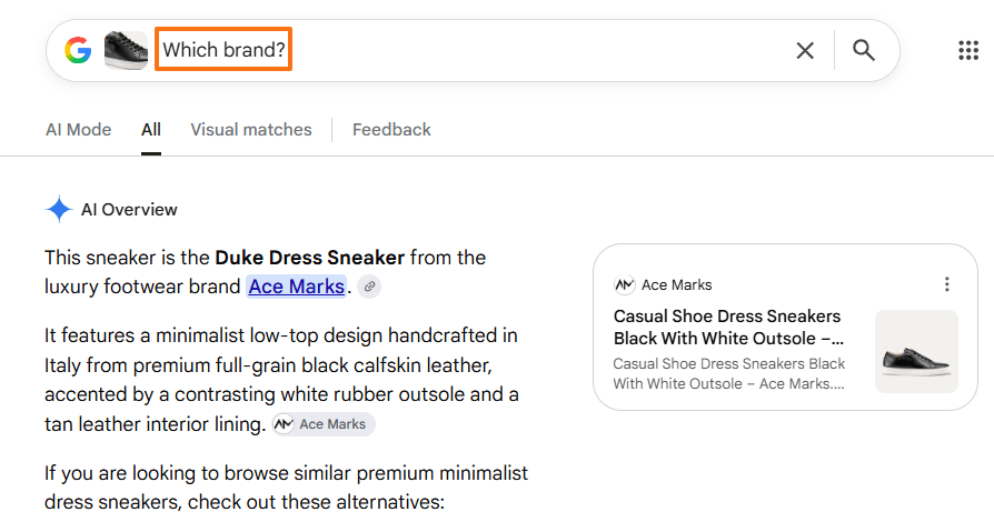 Google search combining a sneaker image and text query to identify the sneaker brand using multimodal search