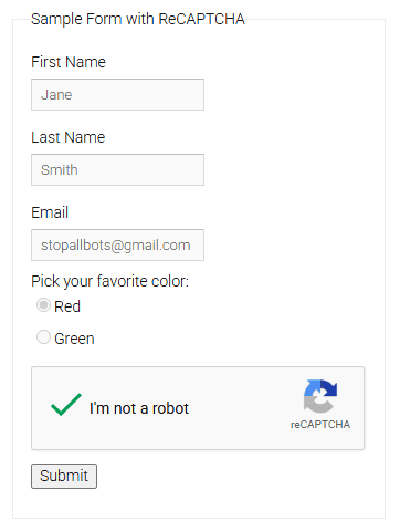 Sample form with Google reCAPTCHA showing the “I’m not a robot” checkbox successfully verified