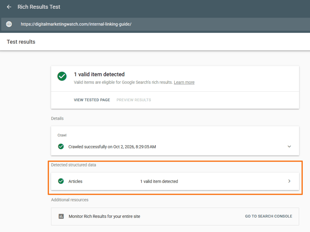 Google Rich Results Test showing one valid Article structured data item detected for a Digital Marketing Watch page