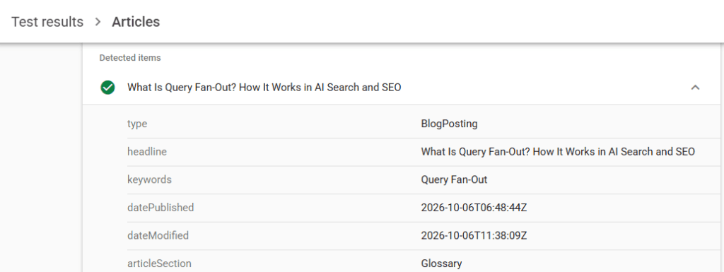 Google Rich Results Test showing valid BlogPosting structured data with headline, keywords, publication date, and article section