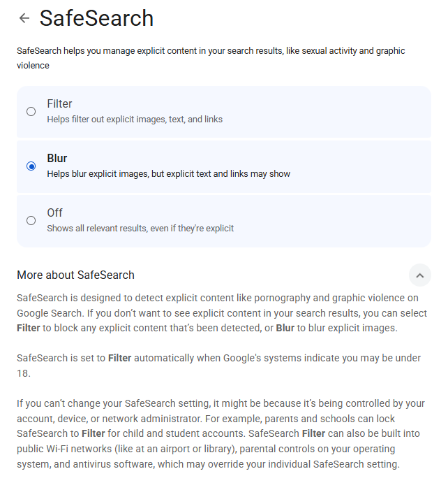 Google SafeSearch settings page with Filter, Blur, and Off options for explicit images, text, and links