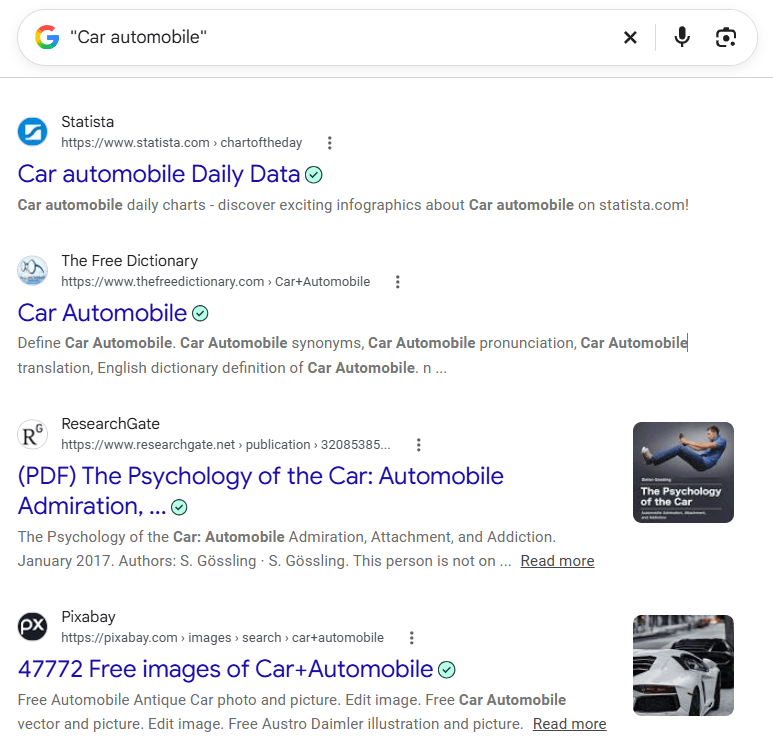 Google search results for the exact phrase “Car automobile” showing pages that use those words together