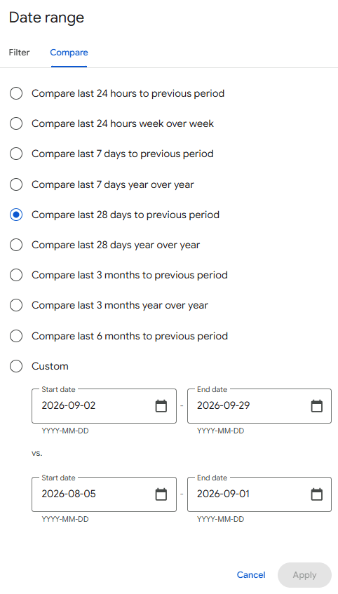 Google Search Console date range comparison panel showing previous-period and year-over-year options for 24 hours, 7 days, 28 days, 3 months, and 6 months