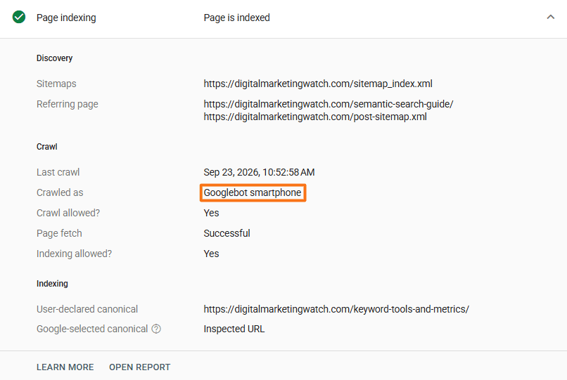 Google Search Console Page indexing details highlighting Googlebot smartphone as the crawler used for the inspected URL