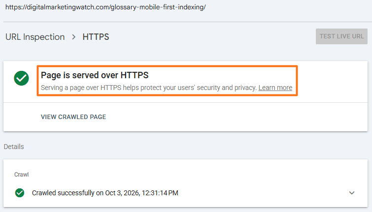 Google Search Console URL Inspection showing a page served successfully over HTTPS